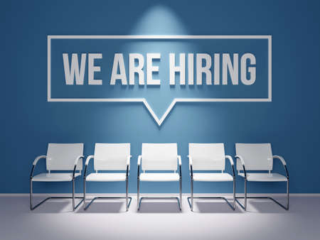 Join our team text word on waiting room office blue wall