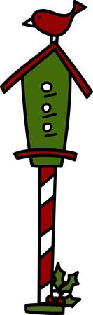 A little red bird seems to be guarding her holiday home.  The candy cane striping on the pole create an eyecatching appeal.のイラスト素材