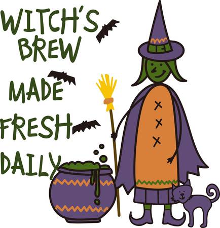 Our witch and her kitty brew up a magical potion for Halloween night.  What will her creation decorate for youのイラスト素材