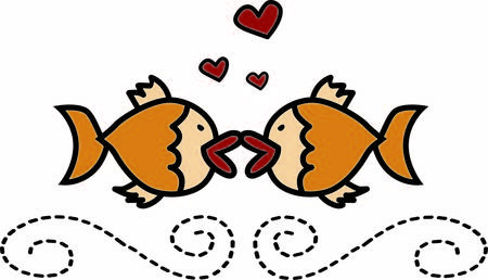 These fish share a special kind of love and a big smooch  This design seems to be framed by the lovely bottom swirl  almost a water effectのイラスト素材