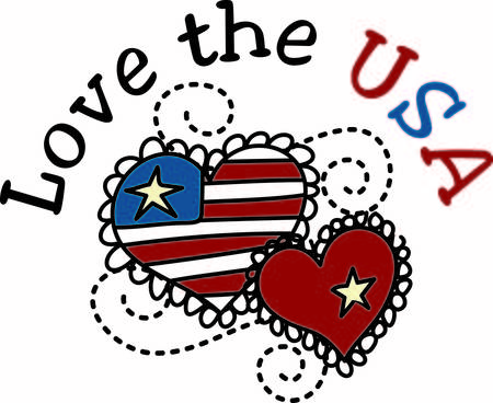 Patriotic design hearts say love the USA in a very visual way.  The swirls connecting the two hearts make this design trendy and lovely.のイラスト素材