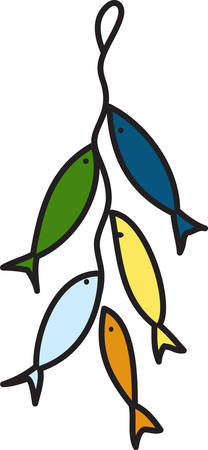 Todays catch is a stringer full of multicolored fish.  Sure to be a hit with any angler.のイラスト素材