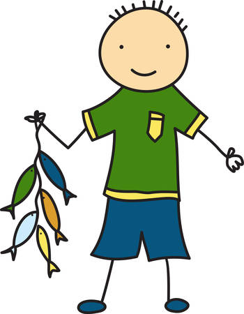 This little fisherman proudly displays the catch of the day.  What a cutie to decorate your little one s fishing gear.のイラスト素材
