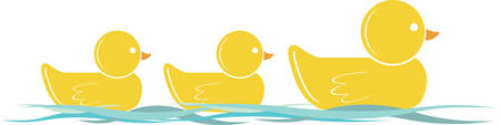 Yellow mama duck with her little ducklings swimming behind.のイラスト素材
