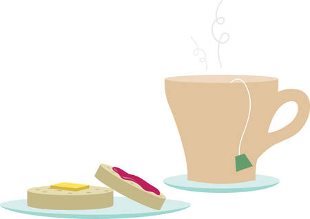 Steaming mug of tea with crumpets for eating or kitchen designs.のイラスト素材