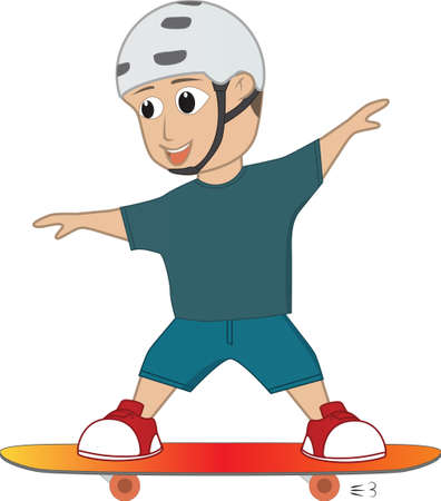 On a sunny day a friendly boy was skateboarding. He is adeptly skating with his skateboard and looks happy tooのイラスト素材