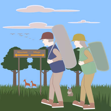Hiking with a lover is really romantic while enjoying the natural scenery can also share loveのイラスト素材