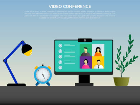 vector illustration flat design concept video conference. online meeting for work from home.のイラスト素材
