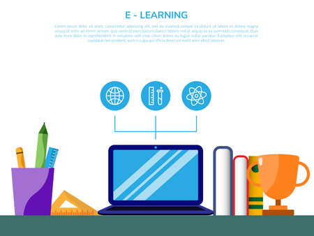 vector illustration of E-Learning platform digital education online courses on a laptop.のイラスト素材