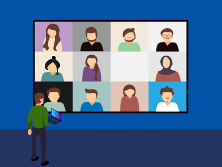 vector illustration of business video conference with bigger screen monitor, work from home concept...