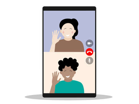 vector illustration of girl and boy meet with video call when social distancing. mobile video call user interface.のイラスト素材