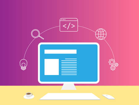 vector illustration of web development working with a computer, research, idea, coding, fix connection.のイラスト素材
