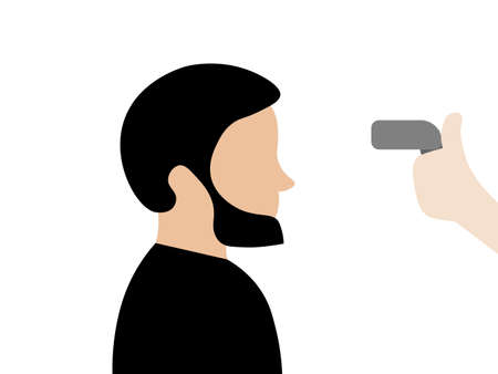 vector illustration of a man checked body temperature by someone with thermal gun infrared thermometers, fight coronavirus concept.のイラスト素材