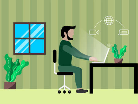 vector illustration of man activity in home using laptop for video call, internet, and chatting. stay at home productive concept.のイラスト素材