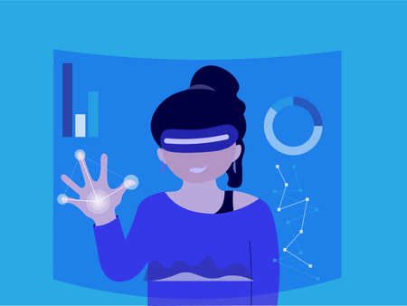 vector illustration of a young women using virtual reality technology in interactive display concept design.のイラスト素材
