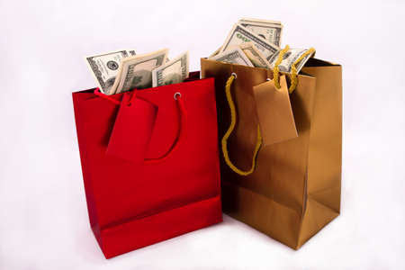 A gold and a red gift bag with dollars, isolated