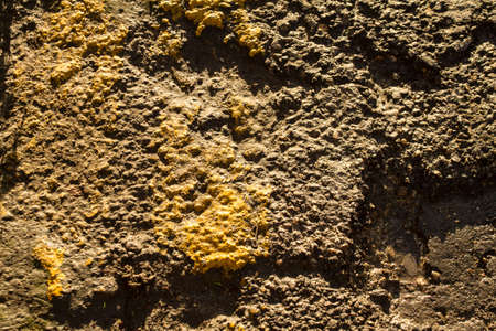 Black broken road surface with a yellow lineの写真素材