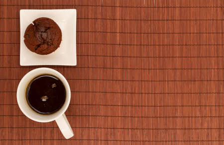 Chocolate Muffins on a white plate with  a cup of coffeeの写真素材