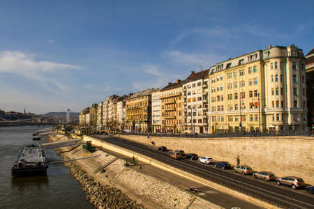 Facades of Budapest on the side of Danube riverの写真素材