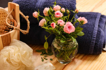 Roses, towels and spa accessoriesの写真素材