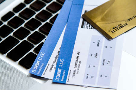 Buying airline tickets on line with a credit cardの写真素材