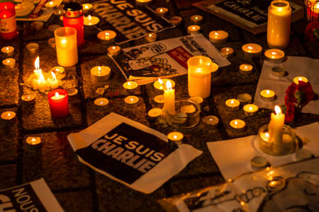 BERLIN, GERMANY - JANUARY 7TH, 2015: March against Charlie Hebdo magazine terrorism attack, on January 7th, 2015,  in front of France Embassy in Berlin, Germanyのeditorial素材