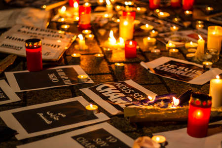 BERLIN, GERMANY - JANUARY 7TH, 2015: March against Charlie Hebdo magazine terrorism attack, on January 7th, 2015,  in front of France Embassy in Berlin, Germanyのeditorial素材