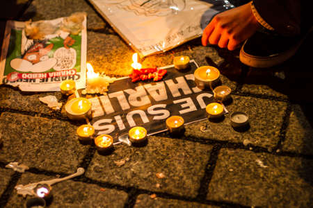 BERLIN, GERMANY - JANUARY 7TH, 2015: March against Charlie Hebdo magazine terrorism attack, on January 7th, 2015,  in front of France Embassy in Berlin, Germanyのeditorial素材