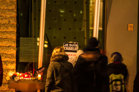 BERLIN, GERMANY - JANUARY 7TH, 2015: March against Charlie Hebdo magazine terrorism attack, on January 7th, 2015,  in front of France Embassy in Berlin, Germanyのeditorial素材