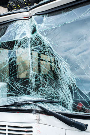 Bus crashed into a wallの写真素材