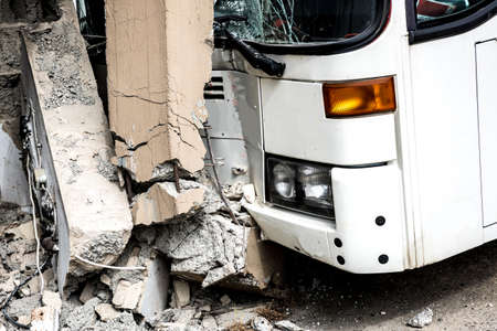 Bus crashed into a wallの写真素材
