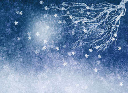 Blue white background with gradient, blur, splashes, brush strokes and watercolor texture. Painted landscape with falling leaves, a tree branch and maple leaves. Hand drawn background.の写真素材