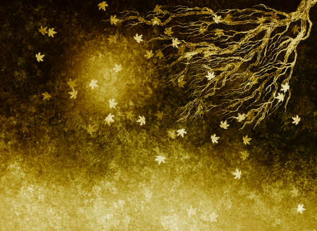 Brown olive yellow background with gradient, blur, splashes, brush strokes and watercolor texture. Painted landscape with falling leaves, a tree branch and maple leaves. Hand drawn background.の写真素材