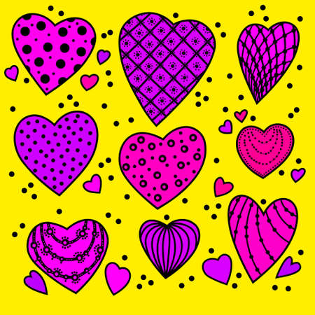 Pink magenta lilac hearts with patterns on a yellow background. Set of isolated hearts for Valentine's Day. Festive background. Collection of elements for festive design and creative ideas.の写真素材