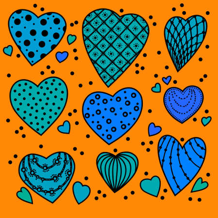 Green blue hearts with patterns on an orange background. Set of isolated hearts for Valentine's Day. Festive background. Collection of elements for festive design and creative ideas.の写真素材