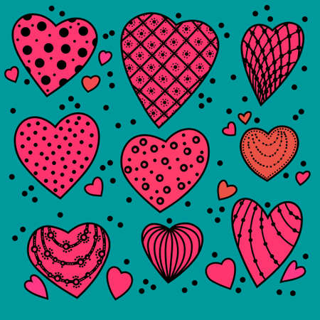 Red crimson pink hearts with patterns on a blue green background. Set of isolated hearts for Valentine's Day. Festive background. Collection of elements for festive design and creative ideas.の写真素材