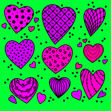 Violet pink magenta hearts with patterns on a bright green background. Set of isolated hearts for Valentine's Day. Festive background. Collection of elements for festive design and creative ideas.の写真素材