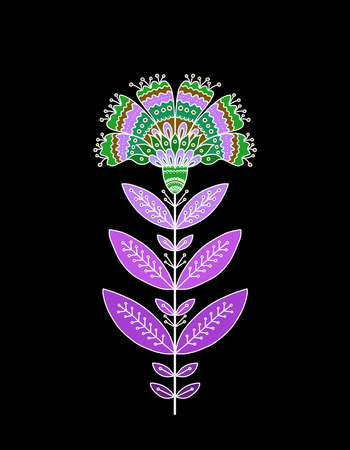 Lilac green violet flowers on a black background. Isolated decorative ornamental flowers with graphic patterns. Space for graphic design, text and creative ideas. Festive background.の写真素材