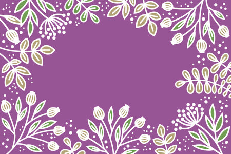 Leaves, flowers and twigs on a purple violet background. Frame made of plants with floral design. Space for text and graphic design. Festive background with a pattern of twigs.の写真素材