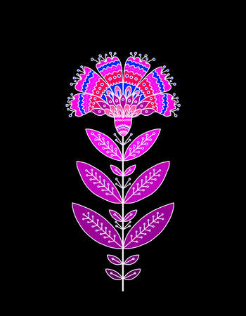 Magenta purple pink flower on a black background. Isolated flower with ornamental petals and leaves. Beautiful isolated element for floral design.の写真素材