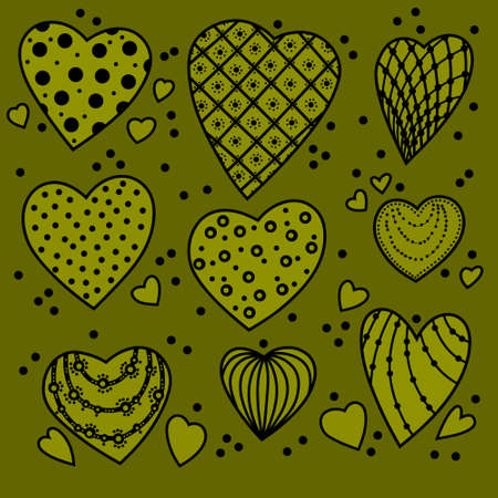 Green olive hearts with patterns on a green background. Set of isolated hearts for Valentine's Day. Festive background. Collection of elements for holiday design and creative ideas.の写真素材