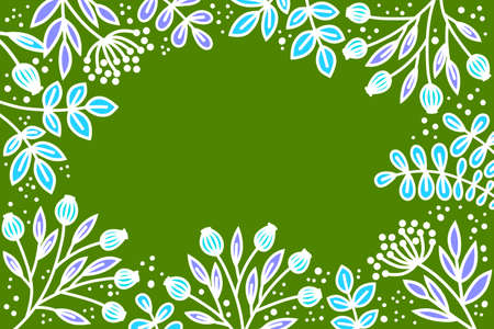 Leaves, flowers and twigs on an olive green background. Plant frame with floral design. Space for text and graphic design. Festive background with a pattern of twigs.の写真素材