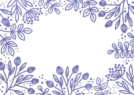 Leaves, flowers and twigs on a violet lilac white background. Plant frame with floral design. Space for text and graphic design. Festive background with a pattern of twigs.の写真素材