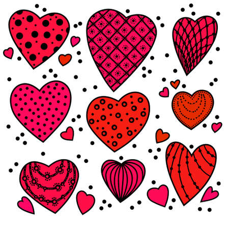 Pink red hearts with patterns on a white background. Set of isolated hearts for Valentine's Day. Festive background. Collection of elements for holiday design and creative ideas.の写真素材