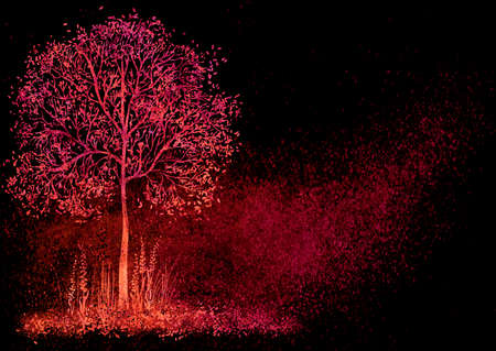 Orange black red background with blur, gradient, splatter, brush strokes and watercolor texture. Painted landscape with tree, flowers and herbs. Space for graphic design, text and creative ideas.の写真素材