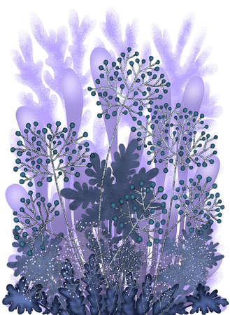 Lilac green violet watercolor flowers, leaves and branches on hand drawn vintage background with blur, gradient and grunge texture. watercolor texture. Space for creative ideas.の写真素材
