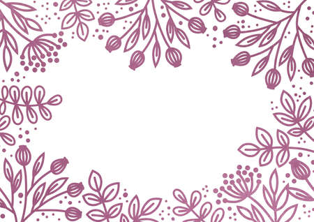 Leaves, flowers and twigs on a white pink background. Plant frame with floral design. Space for text and graphic design. Festive background with a pattern of twigs.の写真素材
