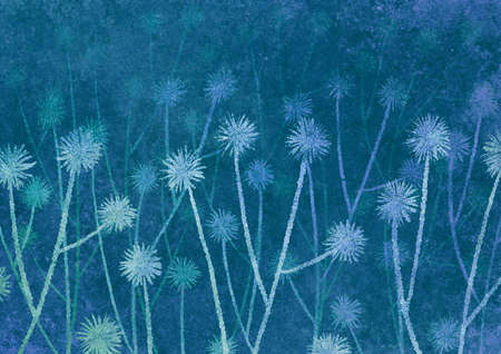 Turquoise blue green watercolor flowers, leaves and branches on hand drawn vintage background with blur, gradient and grunge texture. watercolor texture. Space for creative ideas, artwork.の写真素材