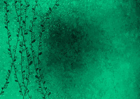Green old vintage background with blur, gradient and grunge texture. Thin long twigs with leaves on a colored background. Watercolor texture with stains, splashes and strokes. space for graphic designの写真素材