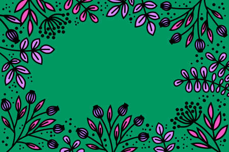 Leaves, flowers and twigs against a lilac pink green background. Plant frame with floral design. Space for text and graphic design. Festive background with a pattern of twigs.の写真素材